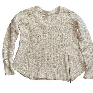 Anthropologie Moth Cream Chunky Knit Wool V-Sweater Ivory Small Fisherman